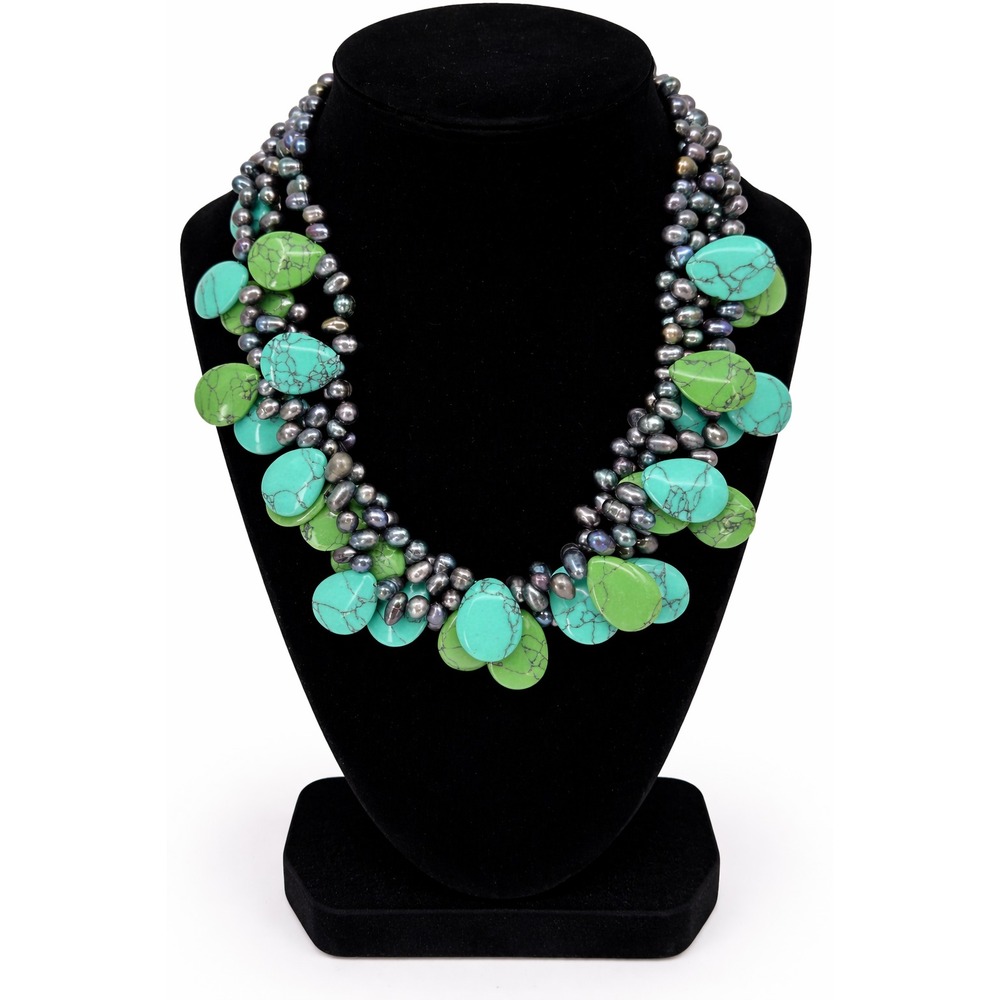 Organic Teardrop Turquoise Beads Gray Freshwater Pearls Multi Strand Necklace